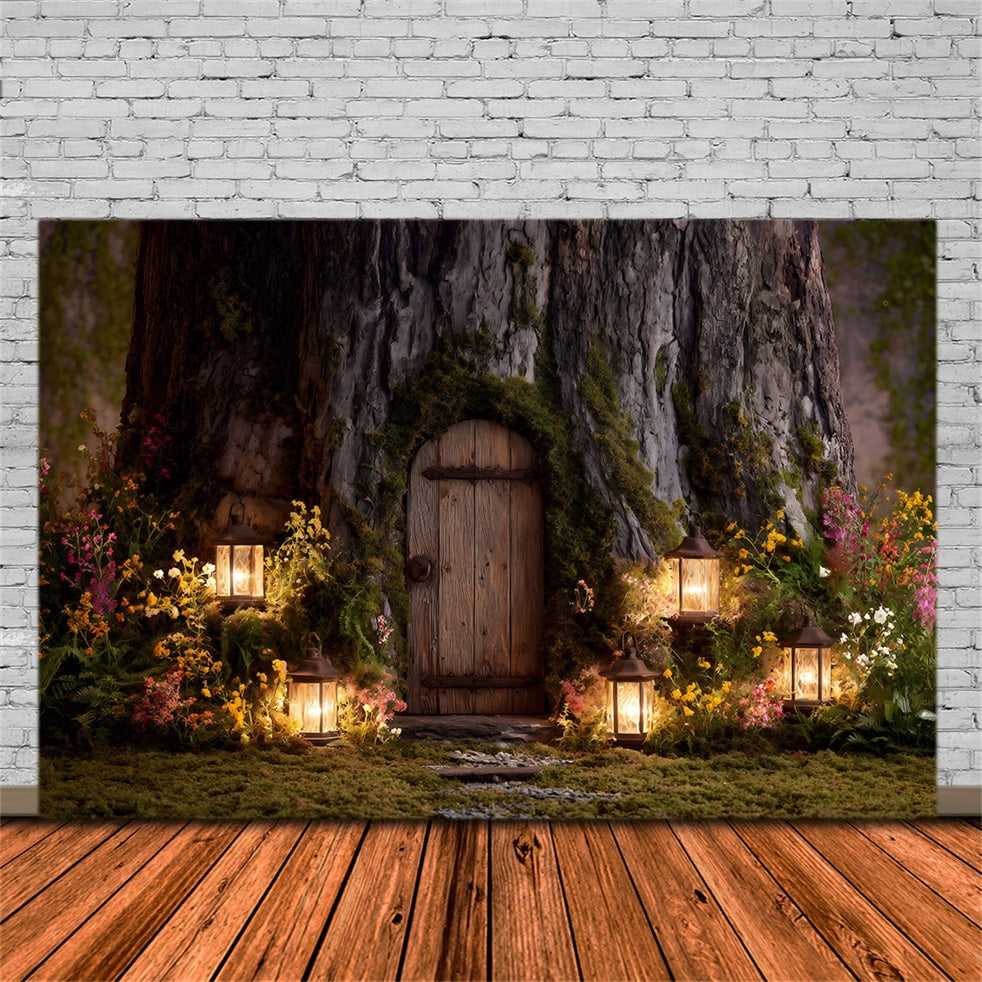 Osterhase-Höhle-Hintergrund Baum Tür Laterne Blüten Osterhintergründe für Fotos von Magali