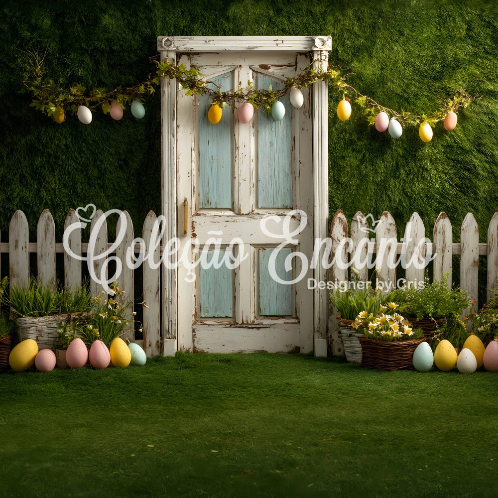 Osterei-Hintergrund Eiergirlande Zaun Tür Osterhintergrund von Magali