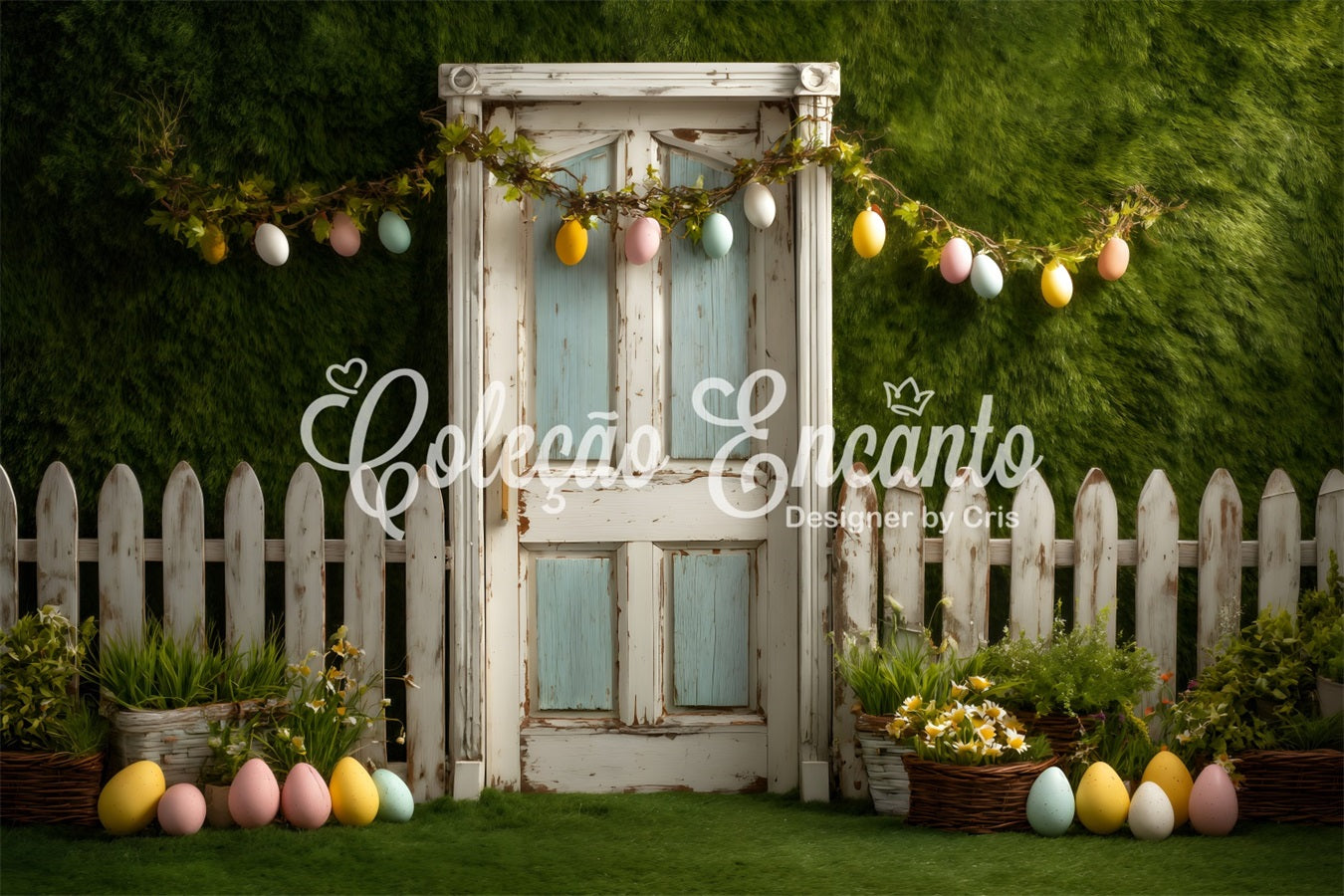 Osterei-Hintergrund Eiergirlande Zaun Tür Osterhintergrund von Magali