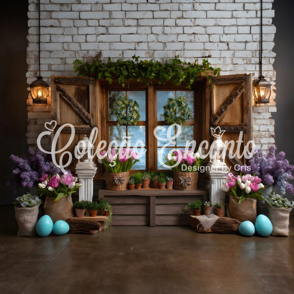 Oster-Cottage-Garten-Hintergrund Fensterkranz Tulpen-Eier Oster-Hintergründe Fotografie von Magali