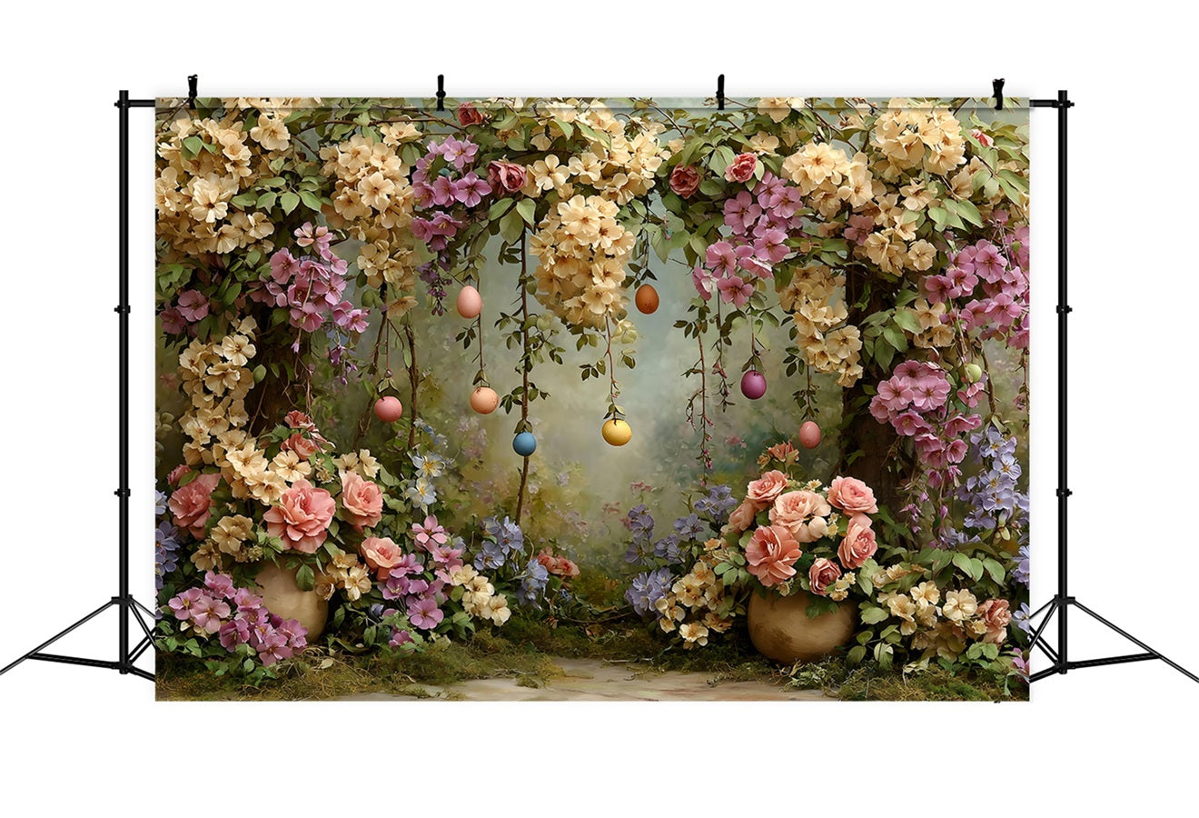 Oster-Vintage-Blumen-Hintergrund Blumenbogen Eiergirlande Fotografie-Hintergrund Ostern von Magali