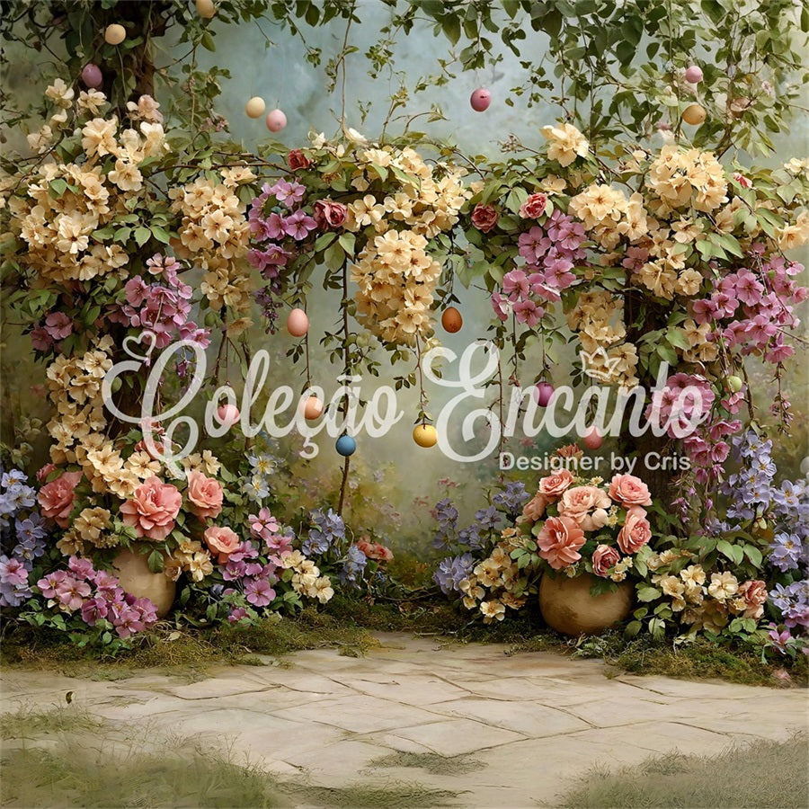 Oster-Vintage-Blumen-Hintergrund Blumenbogen Eiergirlande Fotografie-Hintergrund Ostern von Magali