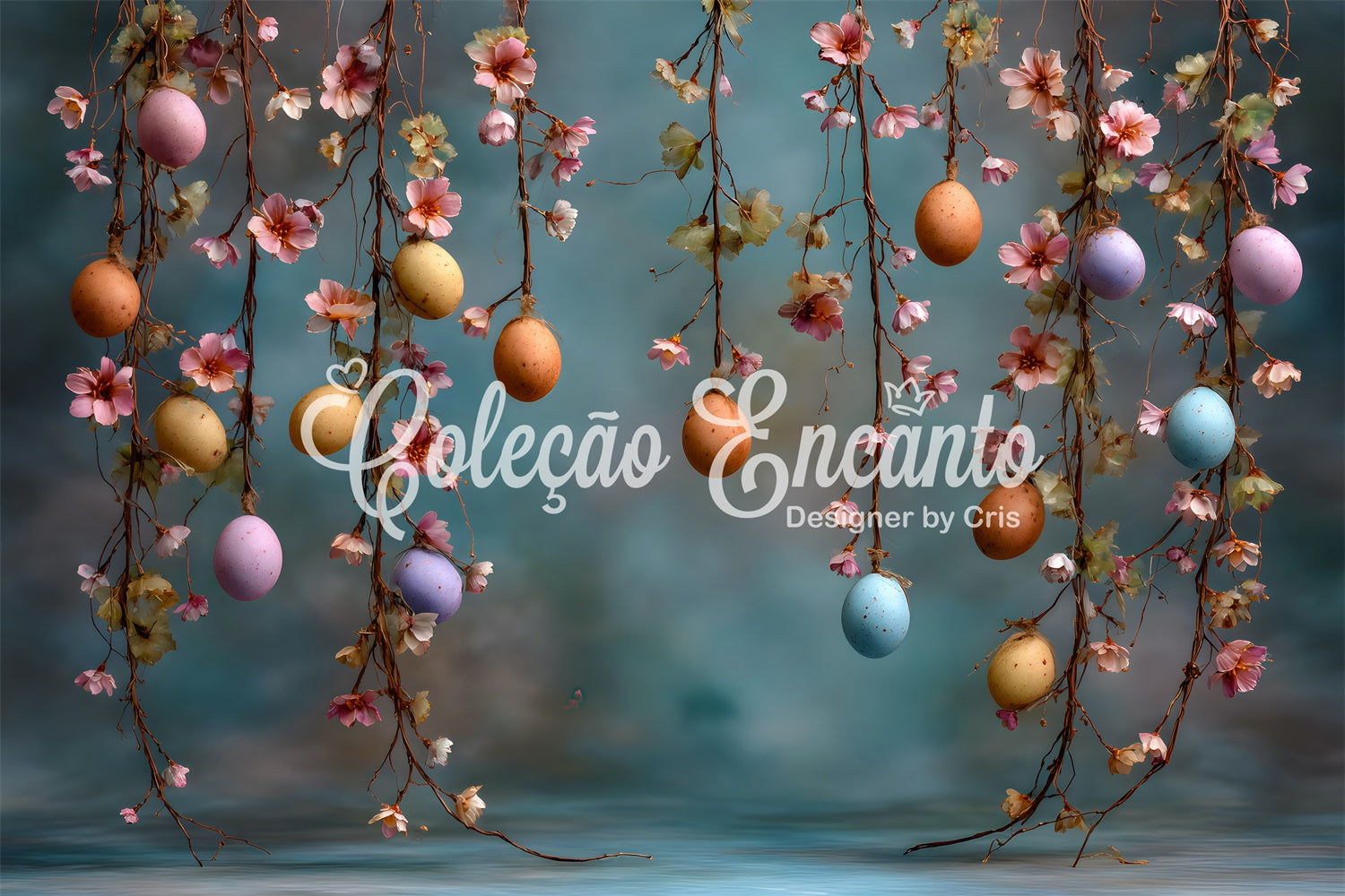 Oster-Frühlings-Hintergrund Hängende Eier Blütenranken Foto-Hintergründe für Ostern von Magali