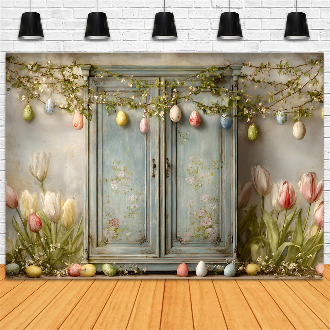 Oster-Vintage-Blumenhintergrund Blaue Tür Tulpen Eier Einfacher Osterhintergrund Von Magali