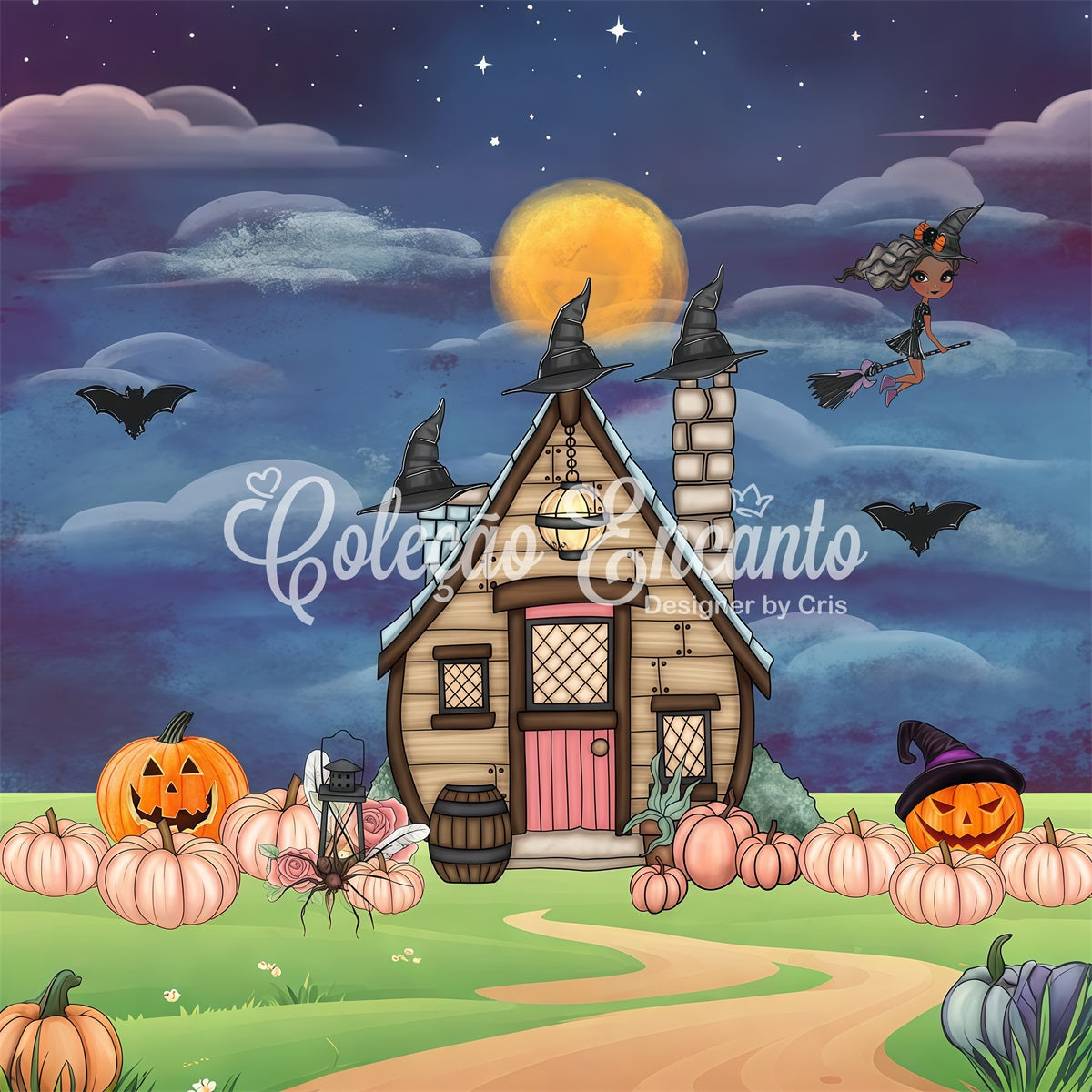 Neugeborenen-Fotografie-Hintergründe Hexenhut Cottage Kürbis Halloween-Hintergrund für Kinder Von Magali