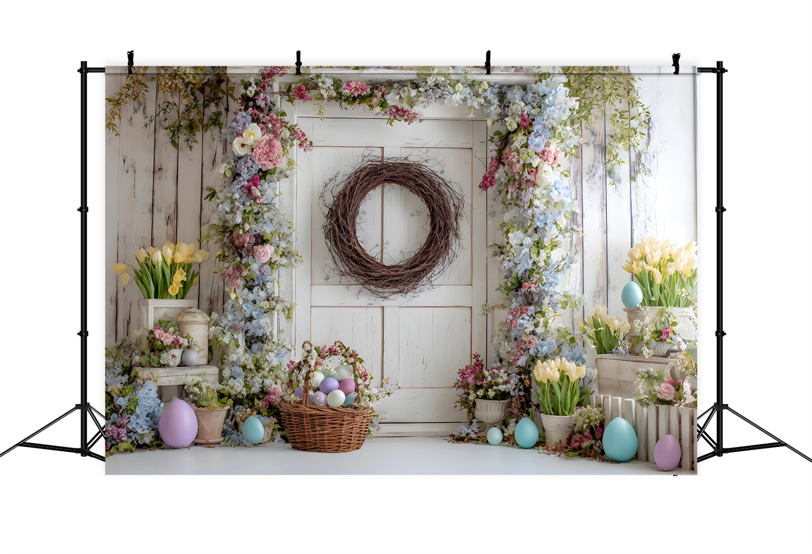 Ostern Frühling Blumenkranz Hintergrund Blumige Tür Eierkorb Frohe Ostern Hintergründe von Magali