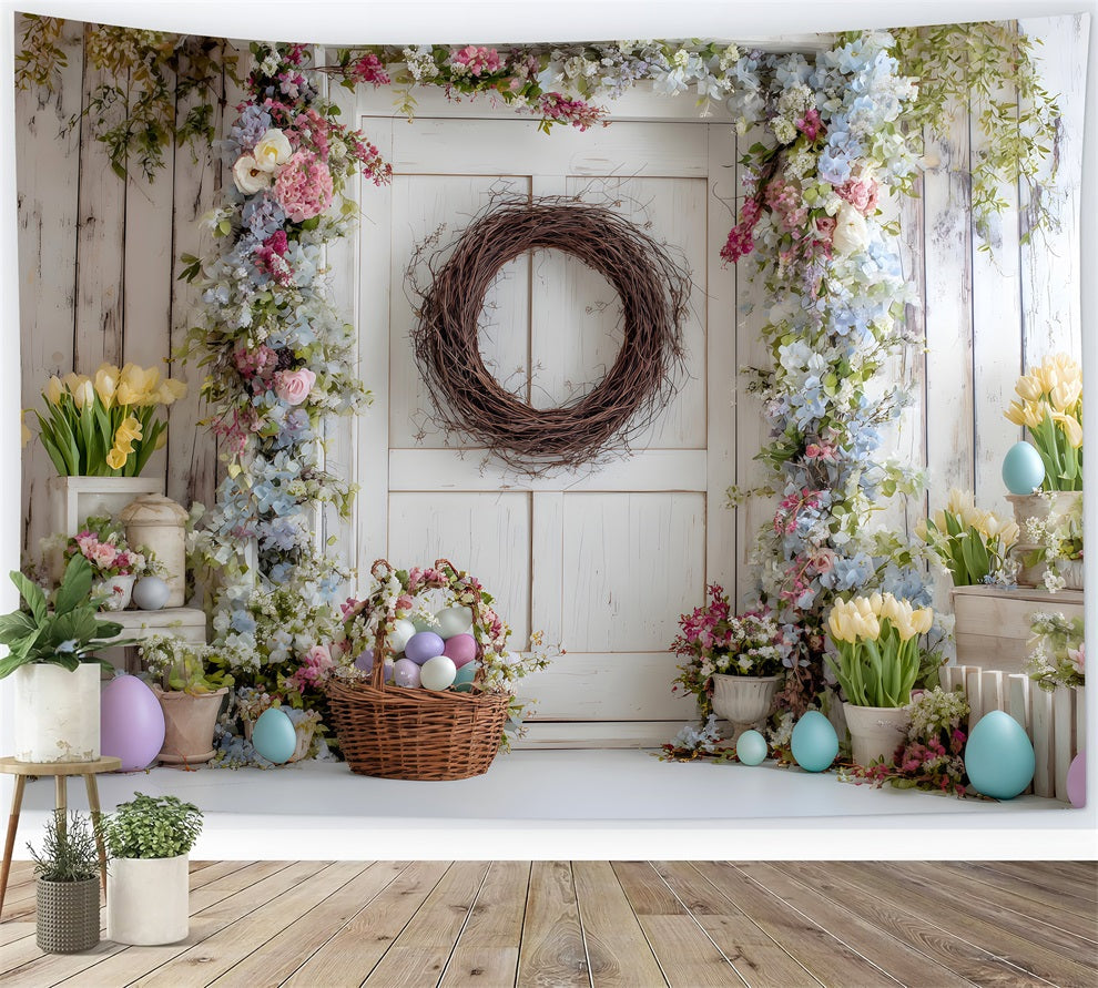 Ostern Frühling Blumenkranz Hintergrund Blumige Tür Eierkorb Frohe Ostern Hintergründe von Magali