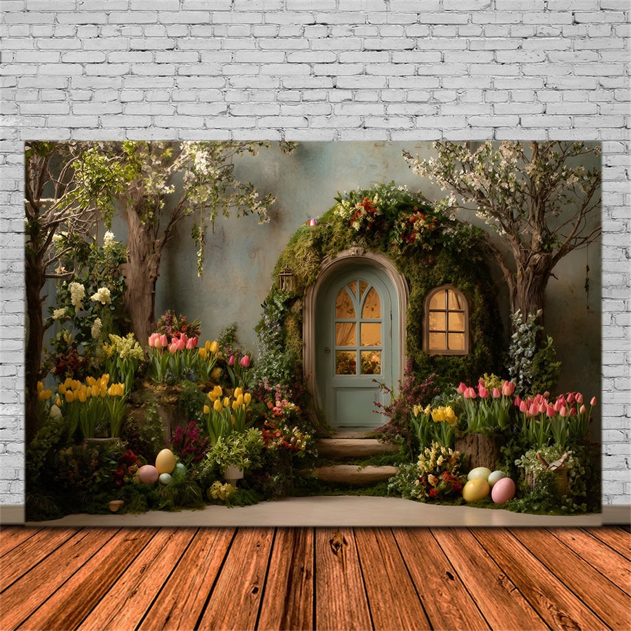 Oster-Hintergrund im rustikalen Stil Moosbewachsener Bogen Tulpen Eier Oster-Hintergründe für draußen von Magali