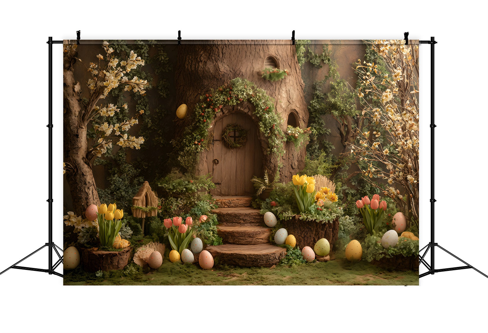 Hintergrund mit Hasenbau Baum Tür Eierblüten Osterbilder Hintergrund von Magali