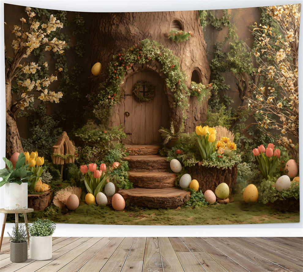 Hintergrund mit Hasenbau Baum Tür Eierblüten Osterbilder Hintergrund von Magali