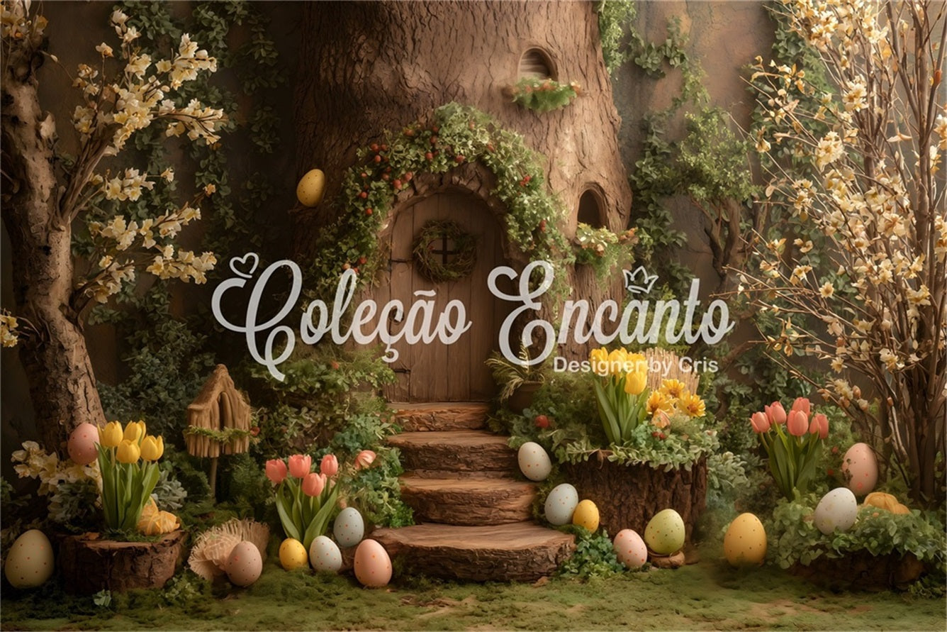 Hintergrund mit Hasenbau Baum Tür Eierblüten Osterbilder Hintergrund von Magali