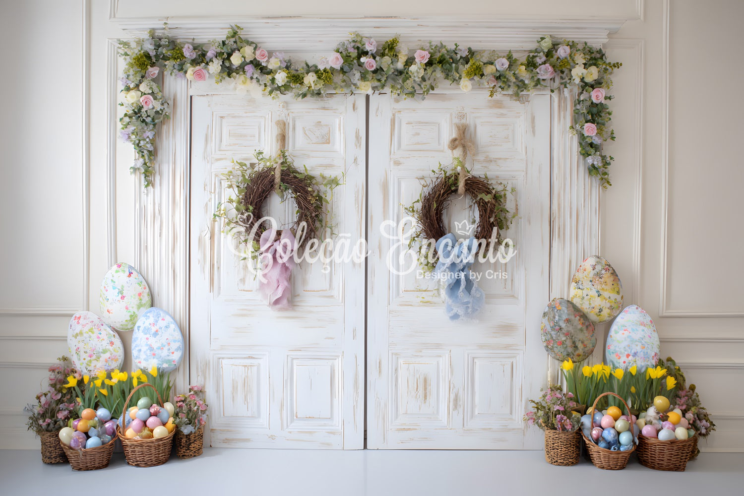Osterkulisse „Frohe Ostern“ Shabby Chic Tür Eierkörbe Oster-Fotokulisse von Magali