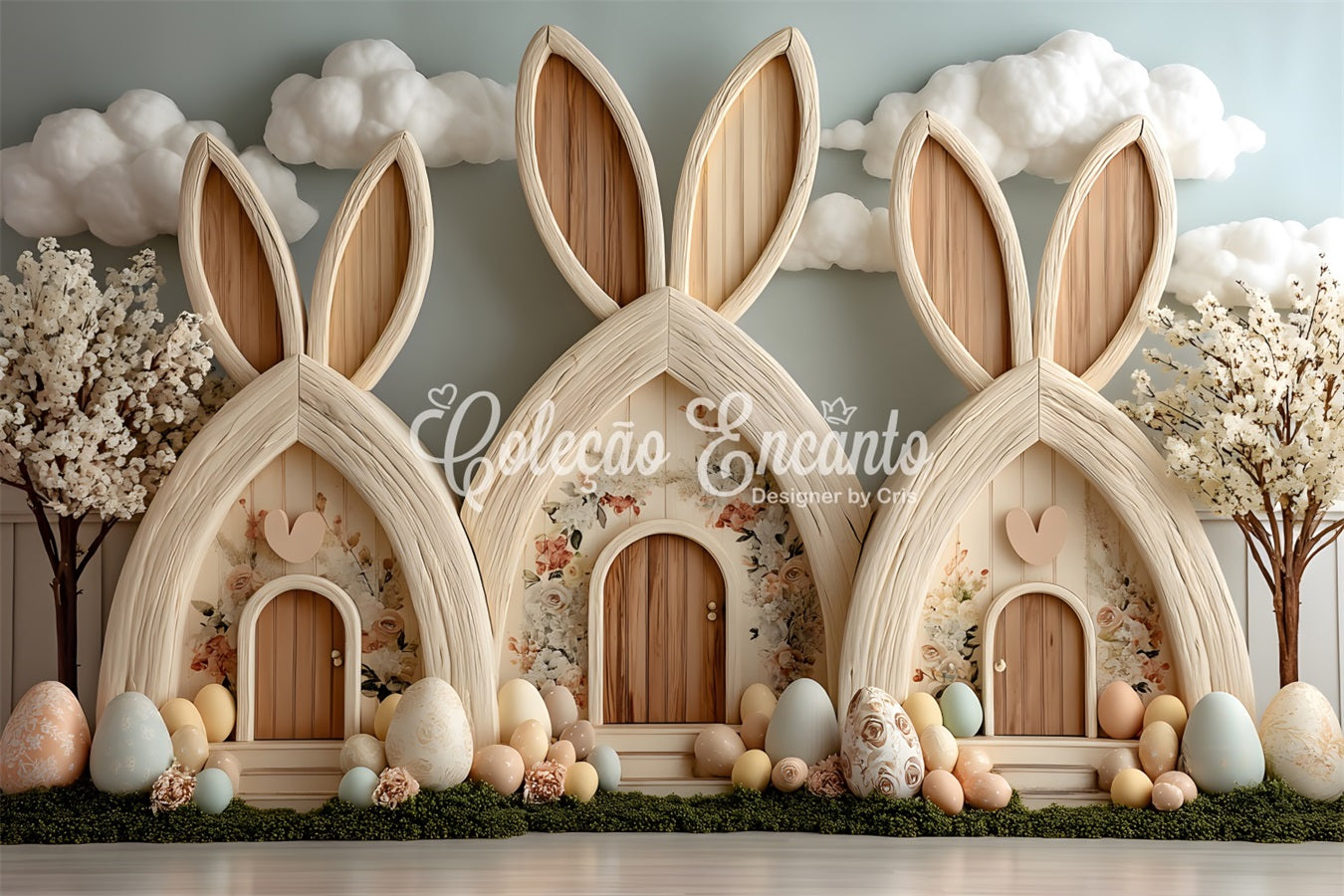 Hintergrund für Eiersuche Pastellfarbenes Häuschen im Dorf Osterhintergrund-Fotografie von Magali