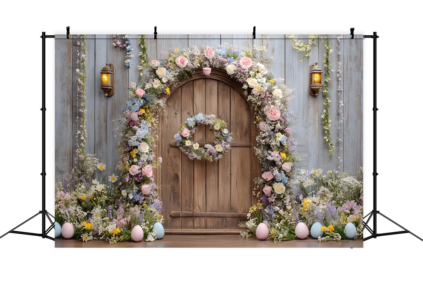 Osterkranz-Türhintergrund Rustikaler Blumen-Holztür-Osterhintergrund für Fotografie von Magali