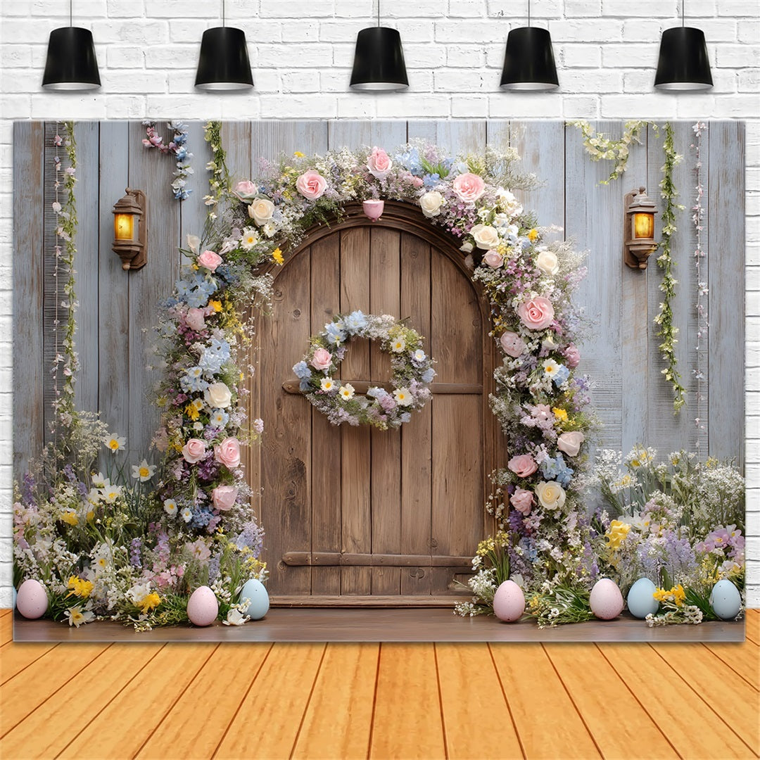 Osterkranz-Türhintergrund Rustikaler Blumen-Holztür-Osterhintergrund für Fotografie von Magali