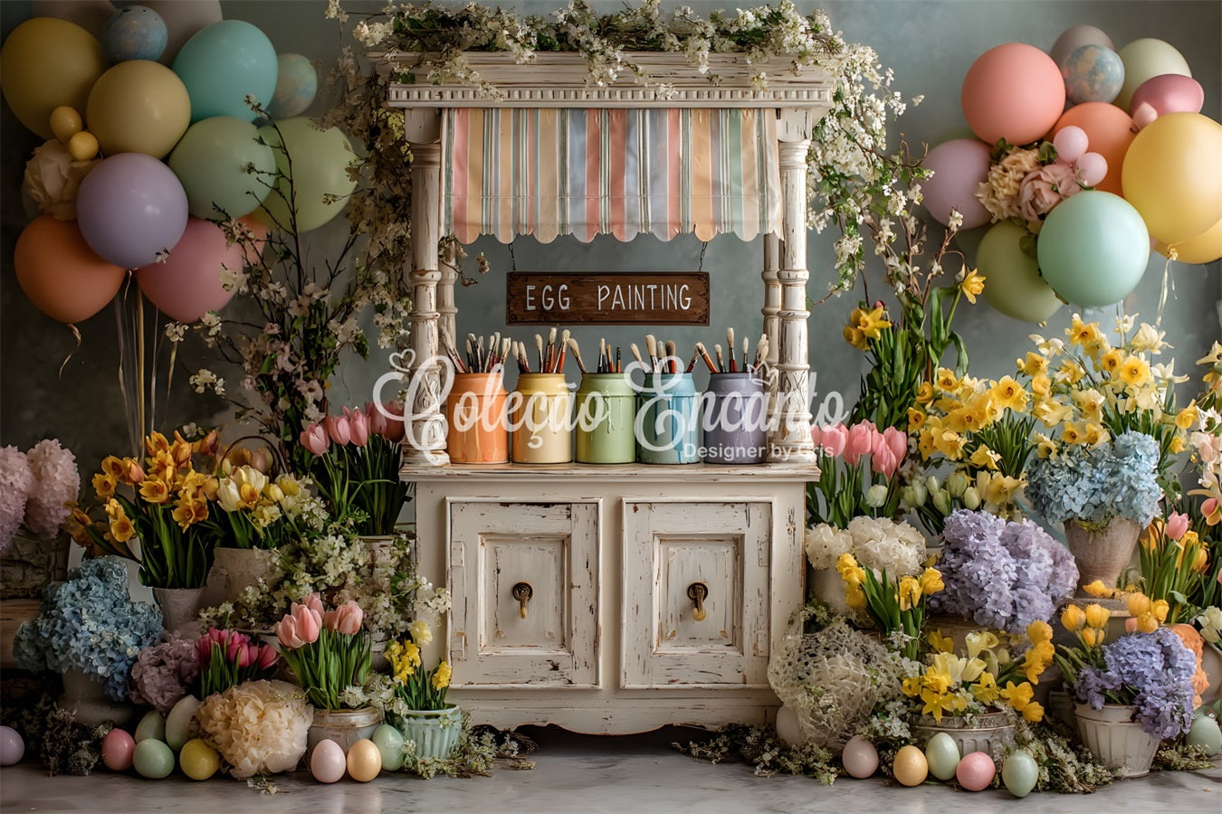 Oster-Narzissen-Hintergrund Pastell-Ballon-Eier-Malständer Oster-Foto-Hintergrund-Ideen von Magali
