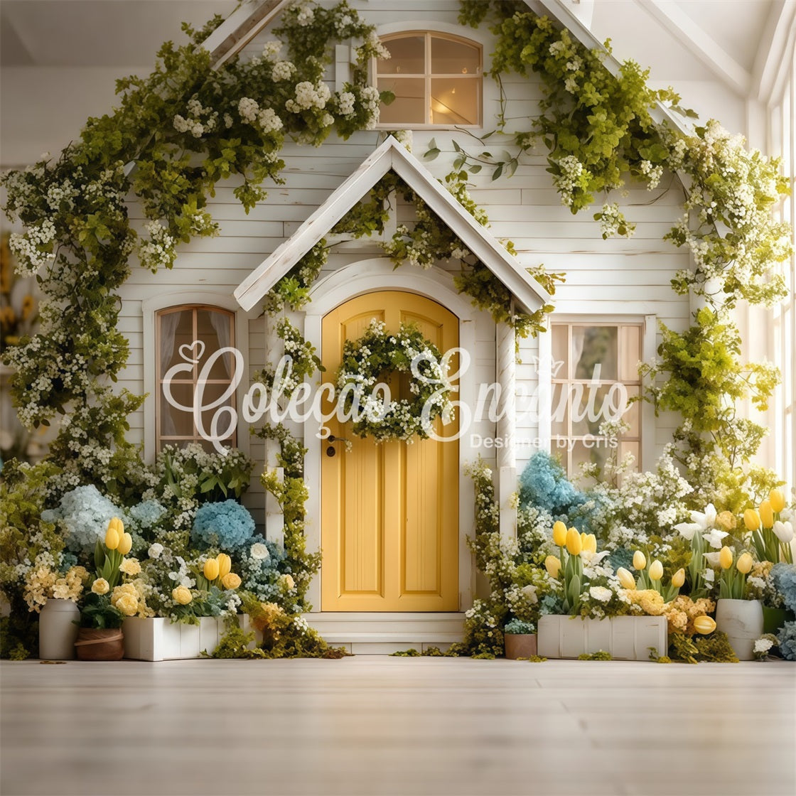 Oster-Europäischer Garten-Hintergrund Sonnige Cottage-Tür Hortensienblüte Oster-Hintergrund von Magali