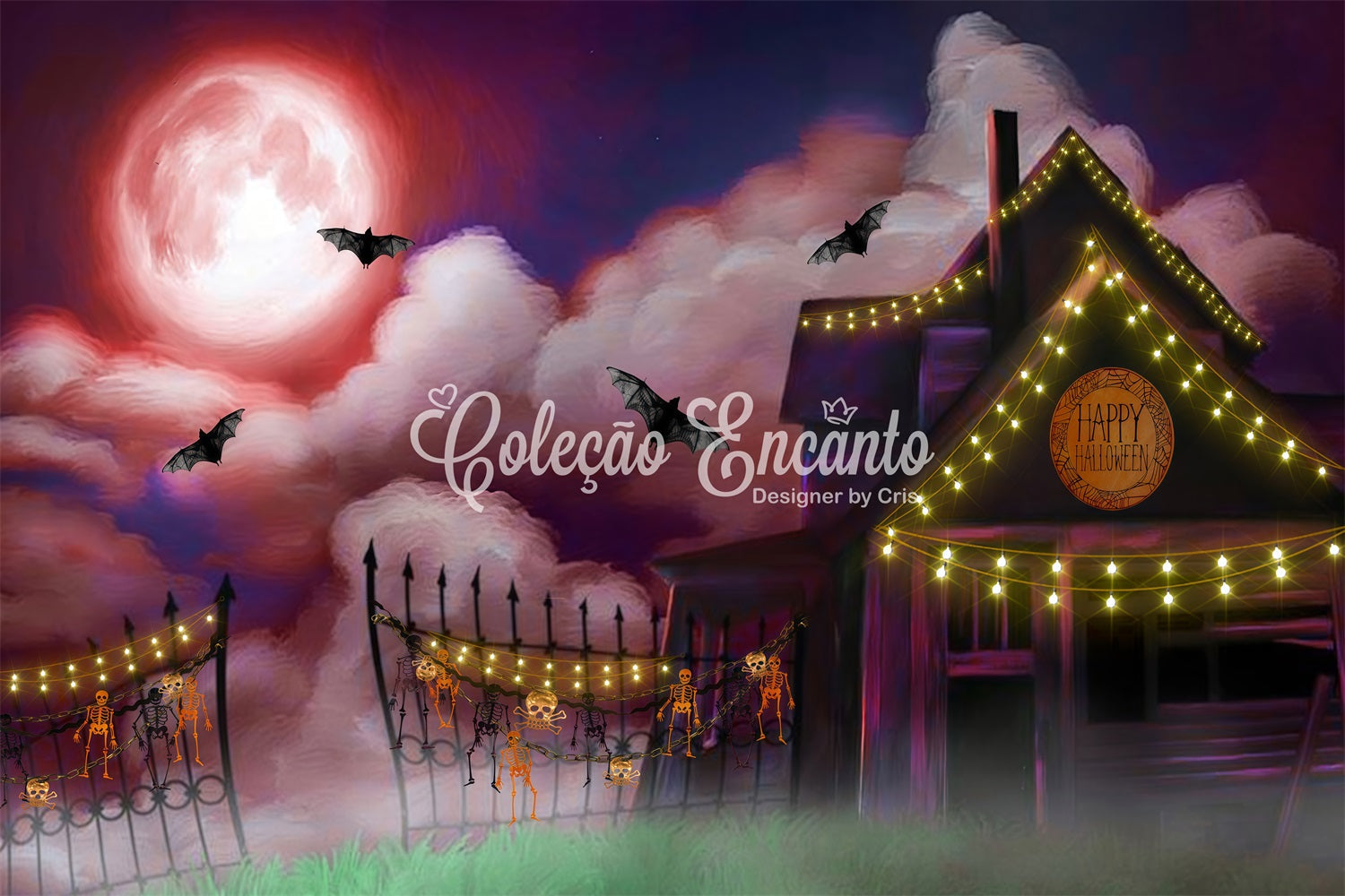 Kinder-Hintergrund Mondbeschienene Bauernhaus-Lichterkette Halloween-Hintergrund für Kinder von Magali