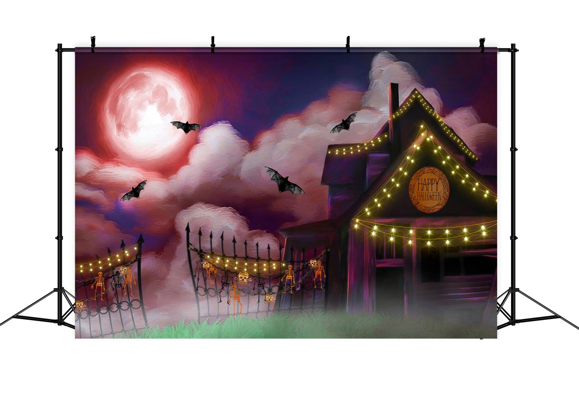 Kinder-Hintergrund Mondbeschienene Bauernhaus-Lichterkette Halloween-Hintergrund für Kinder von Magali