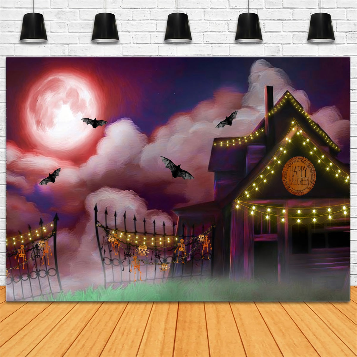 Kinder-Hintergrund Mondbeschienene Bauernhaus-Lichterkette Halloween-Hintergrund für Kinder von Magali