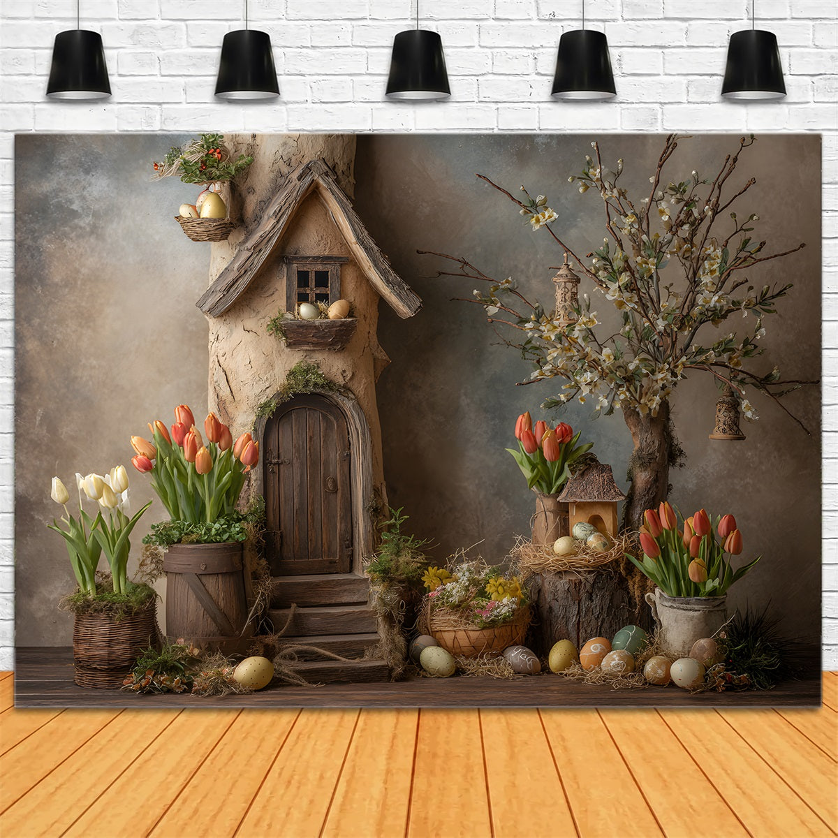 Oster-Tulpen-Hintergrund Rustikales Cottage Nestblume Oster-Fotoshooting-Hintergrund von Magali