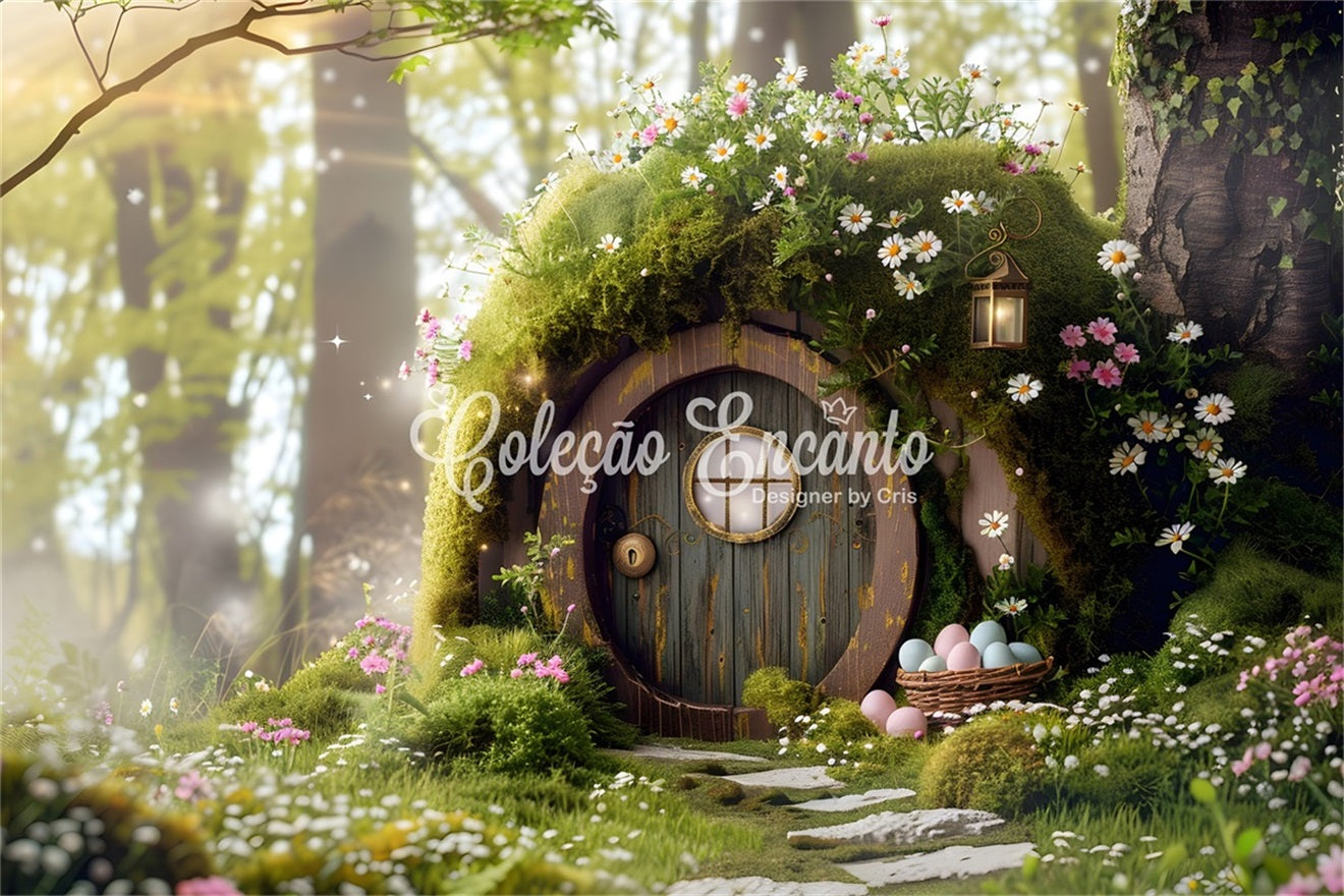 Hintergrund mit Hasenbau Verzauberter Mooswald Feentür Osterhintergrund für Fotos Von Magali