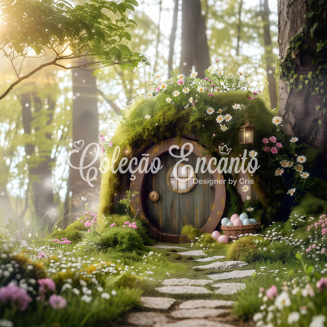 Hintergrund mit Hasenbau Verzauberter Mooswald Feentür Osterhintergrund für Fotos Von Magali