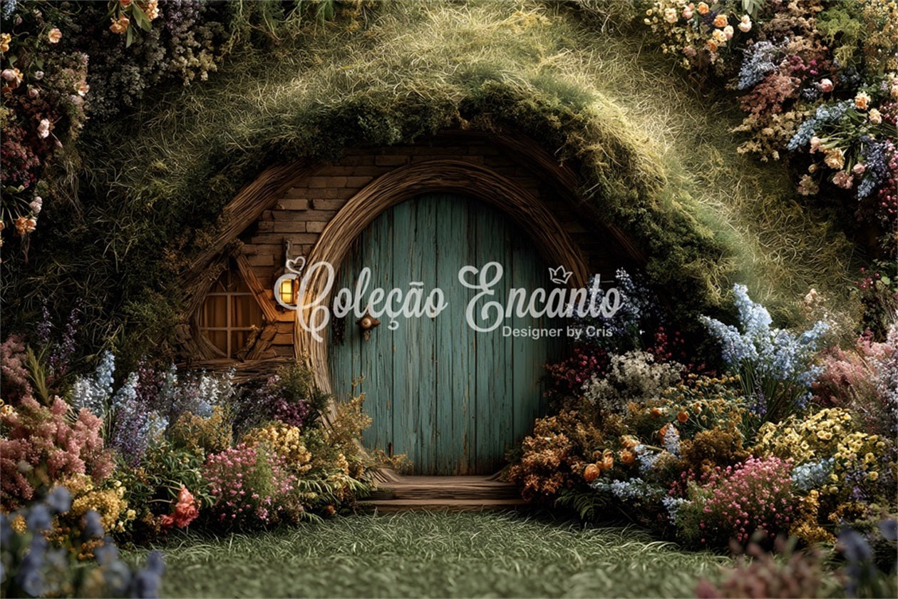 Osterhasenbau-Hintergrund Verzaubertes Mooshäuschen Blumige Tür Osterfotografie-Hintergrund Von Magali