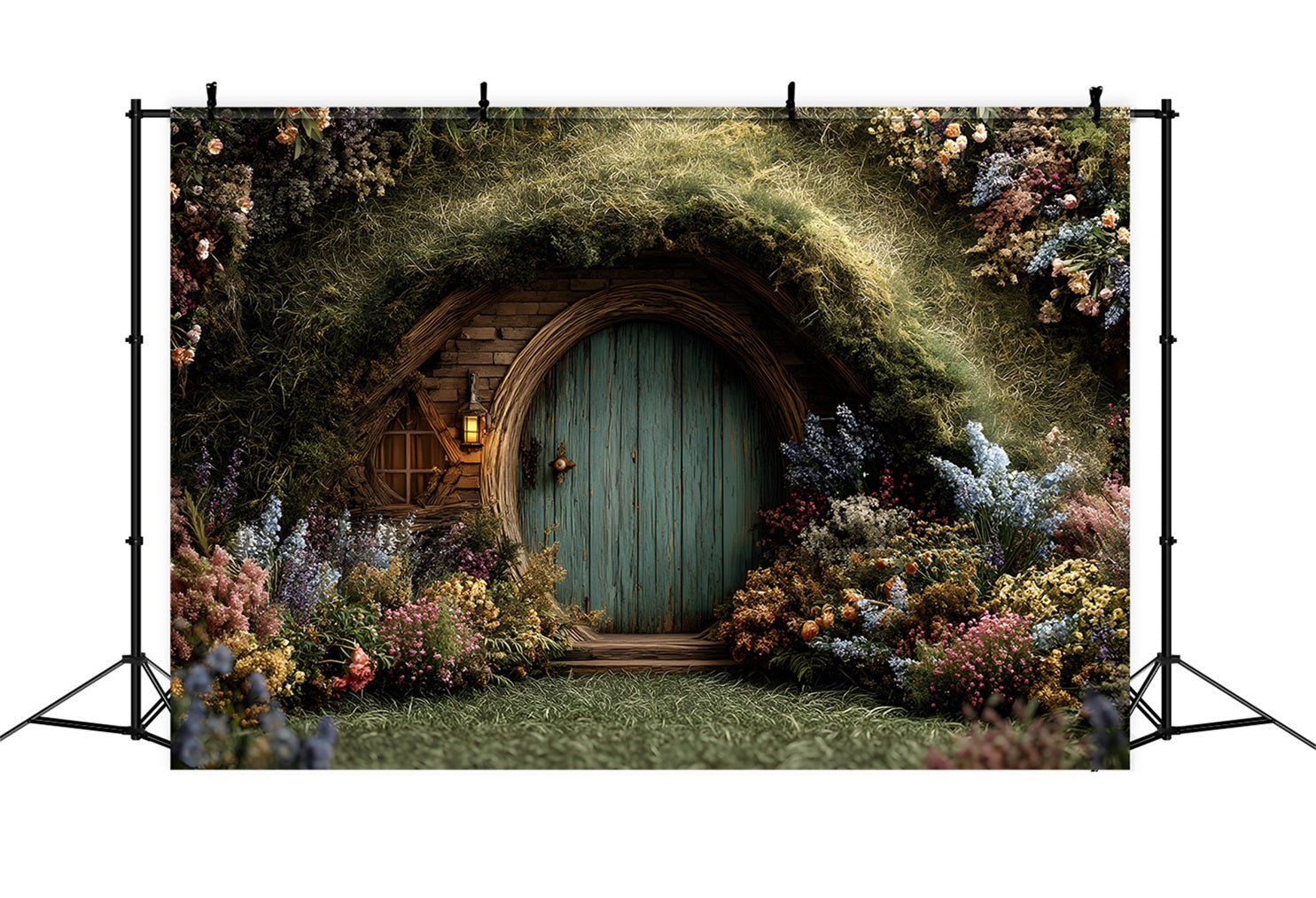 Osterhasenbau-Hintergrund Verzaubertes Mooshäuschen Blumige Tür Osterfotografie-Hintergrund Von Magali