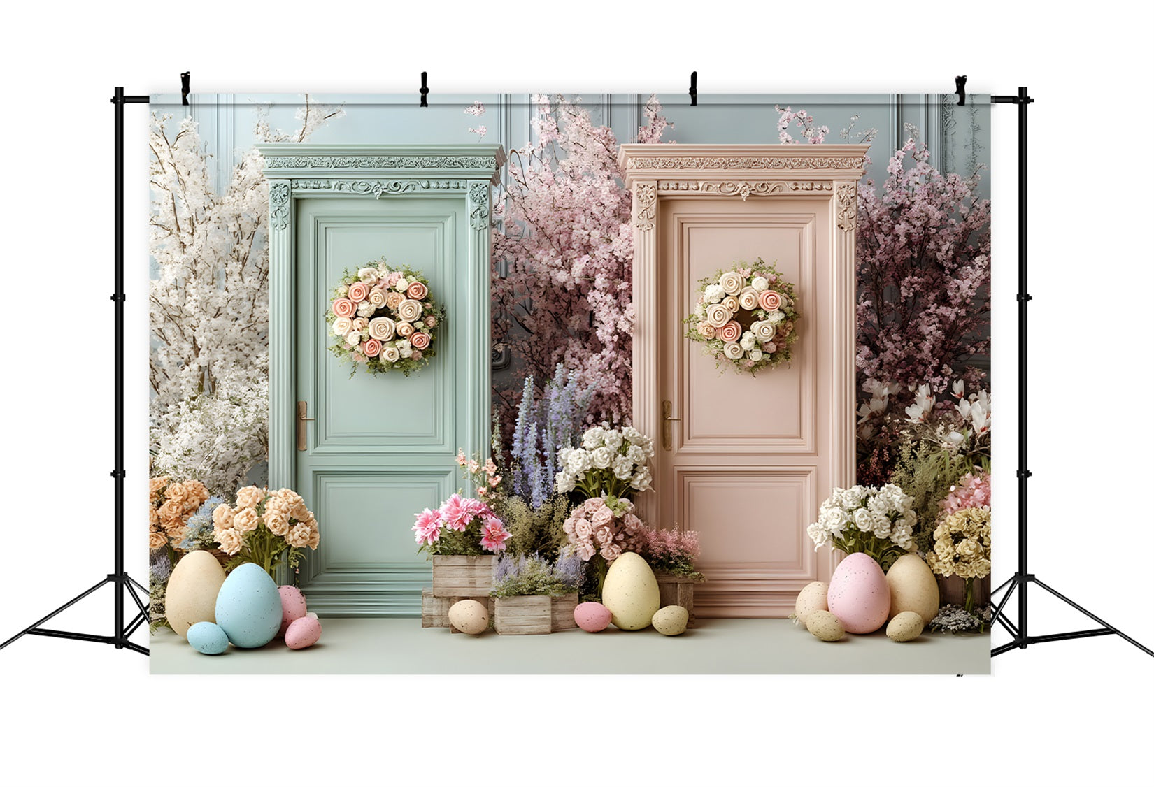 Oster-Frühlings-Blumenkranz-Hintergrund Doppelte Blumentüren Eier Oster-Hintergründe für Fotos von Magali