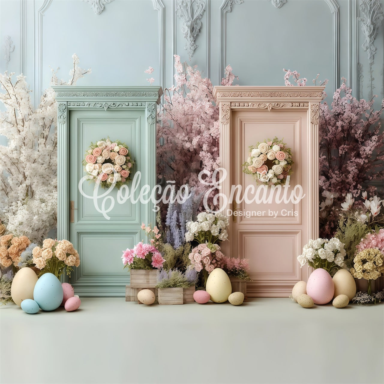 Oster-Frühlings-Blumenkranz-Hintergrund Doppelte Blumentüren Eier Oster-Hintergründe für Fotos von Magali