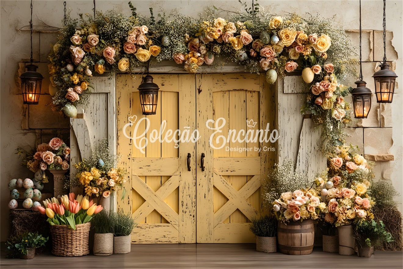 Oster-Vintage-Blumenhintergrund Vintage-gelbe Tür mit Blumen Oster-Hintergrund von Magali