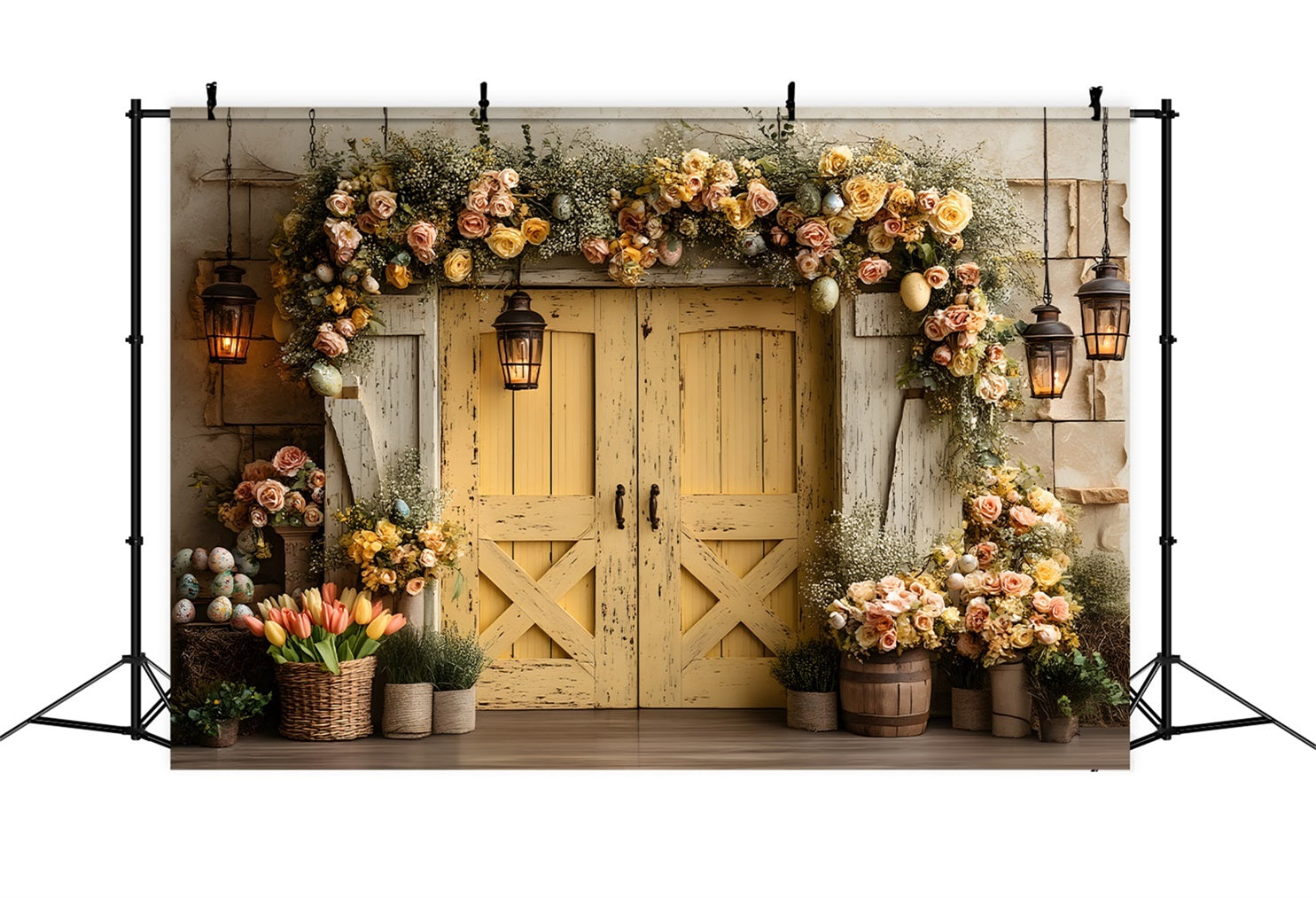 Oster-Vintage-Blumenhintergrund Vintage-gelbe Tür mit Blumen Oster-Hintergrund von Magali