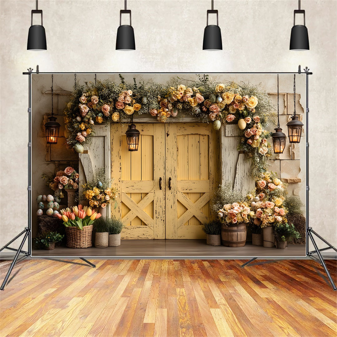 Oster-Vintage-Blumenhintergrund Vintage-gelbe Tür mit Blumen Oster-Hintergrund von Magali