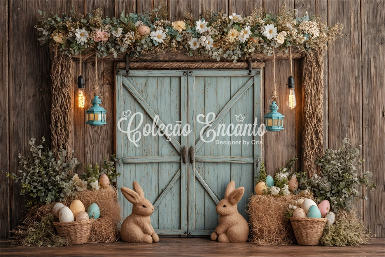 Oster-rustikaler Hintergrund Rustikale Hasen-Eier-Tür Frohe Ostern Foto-Hintergrund von Magali