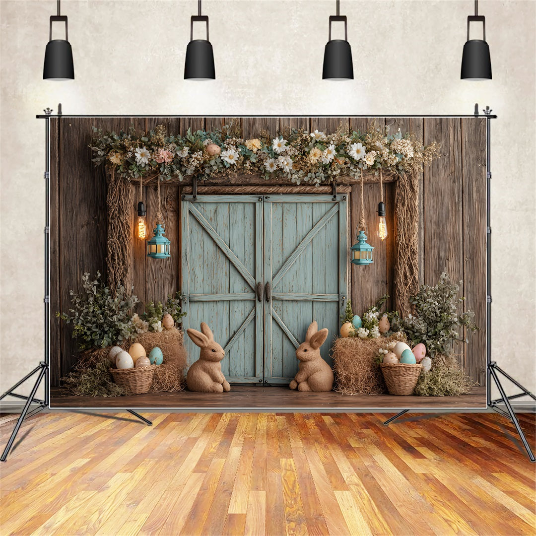 Oster-rustikaler Hintergrund Rustikale Hasen-Eier-Tür Frohe Ostern Foto-Hintergrund von Magali