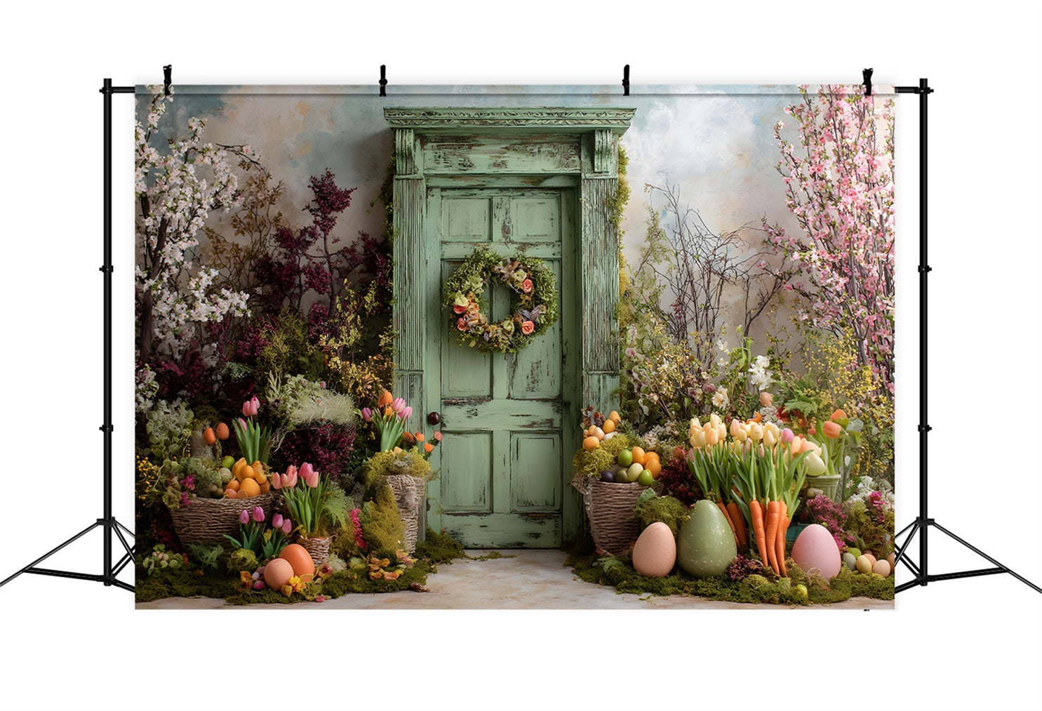 Oster-Tulpen-Hintergrund Moosbewachsene rustikale grüne Tür Eier-Fotohintergründe für Ostern von Magali