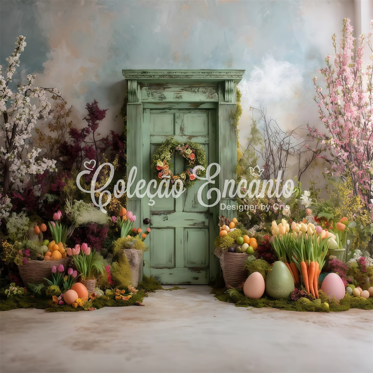 Oster-Tulpen-Hintergrund Moosbewachsene rustikale grüne Tür Eier-Fotohintergründe für Ostern von Magali