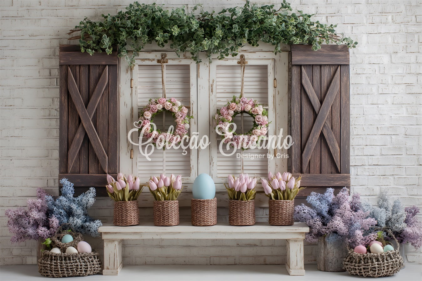 Oster-Frühlings-Blumenkranz-Hintergrund Rosa Tulpen Eier Fenster Fotohintergründe Ostern von Magali