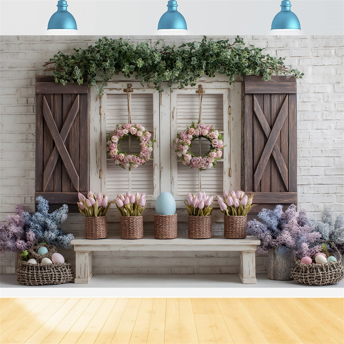 Oster-Frühlings-Blumenkranz-Hintergrund Rosa Tulpen Eier Fenster Fotohintergründe Ostern von Magali