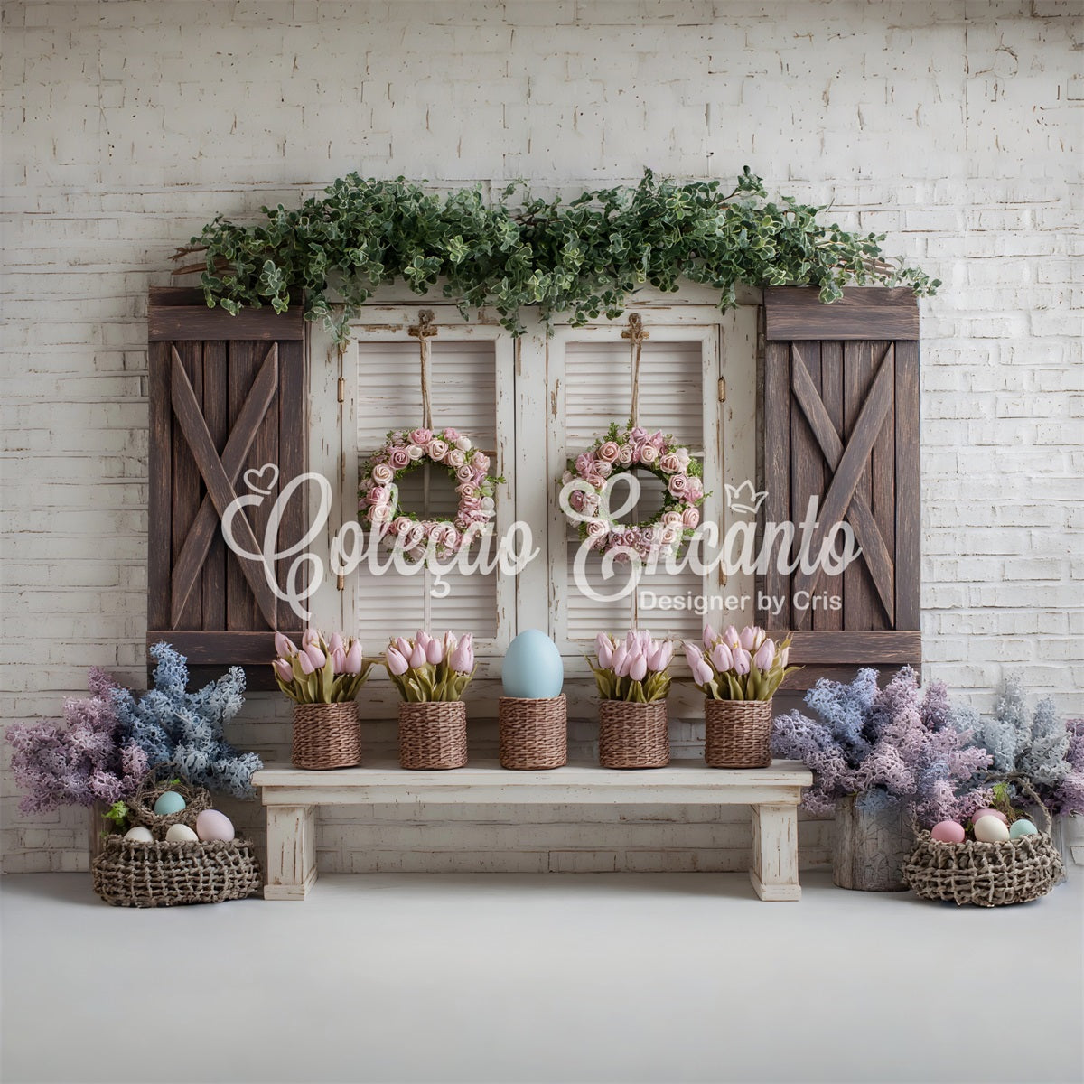 Oster-Frühlings-Blumenkranz-Hintergrund Rosa Tulpen Eier Fenster Fotohintergründe Ostern von Magali