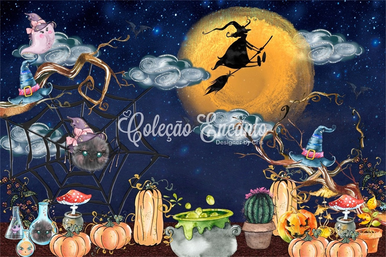 Hintergrund für Kinder Mitternachtshexe Kessel Kürbis Halloween-Hintergrund für Kinder von Magali