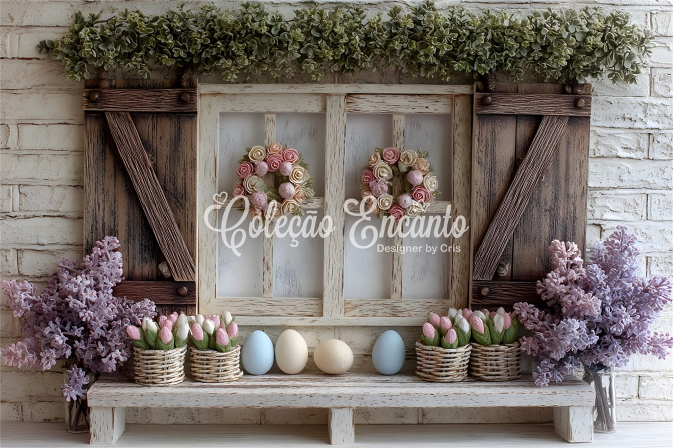 Oster-Frühlings-Hintergrund Pastell-Tulpen Eier Fenster Oster-Fotohintergrund von Magali