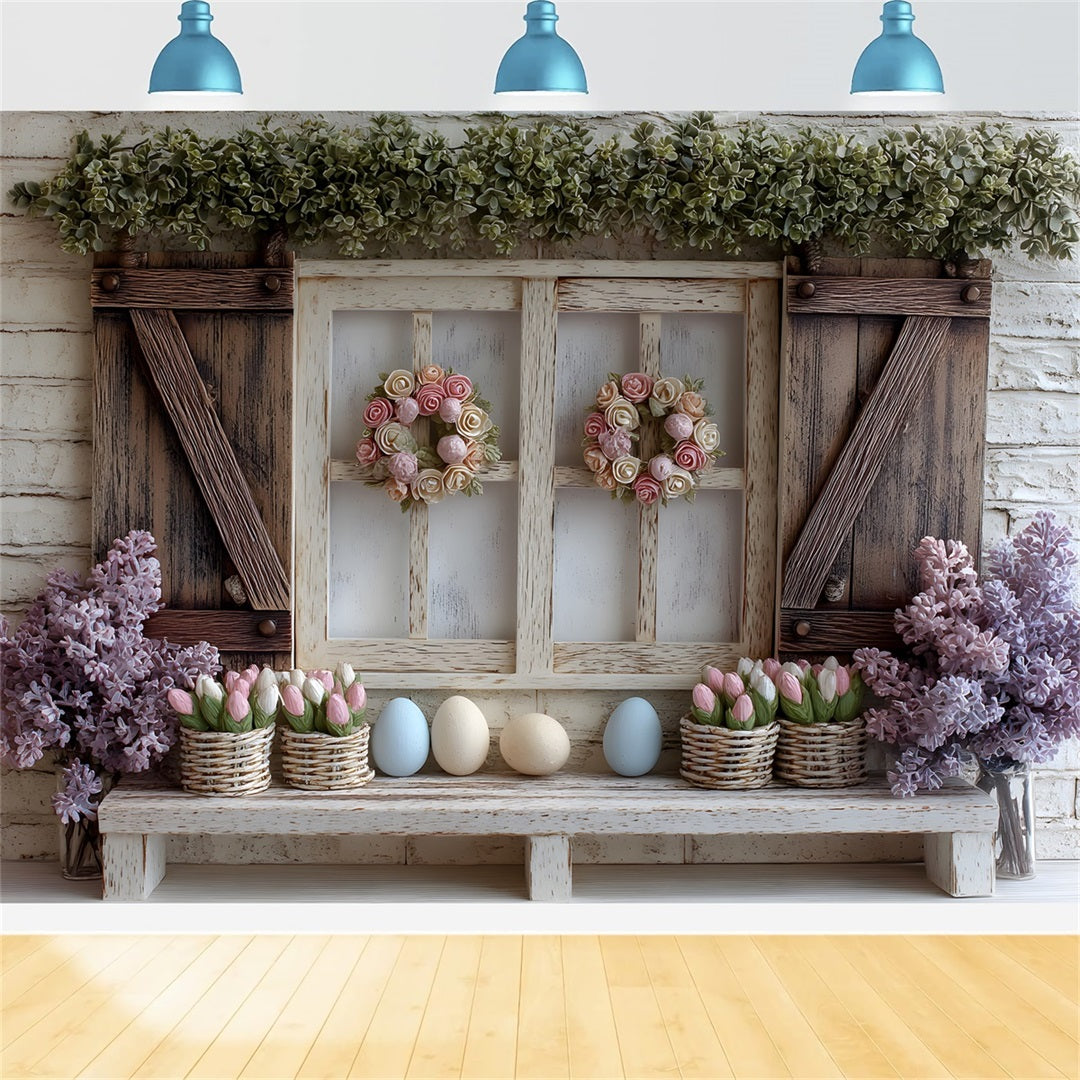 Oster-Frühlings-Hintergrund Pastell-Tulpen Eier Fenster Oster-Fotohintergrund von Magali