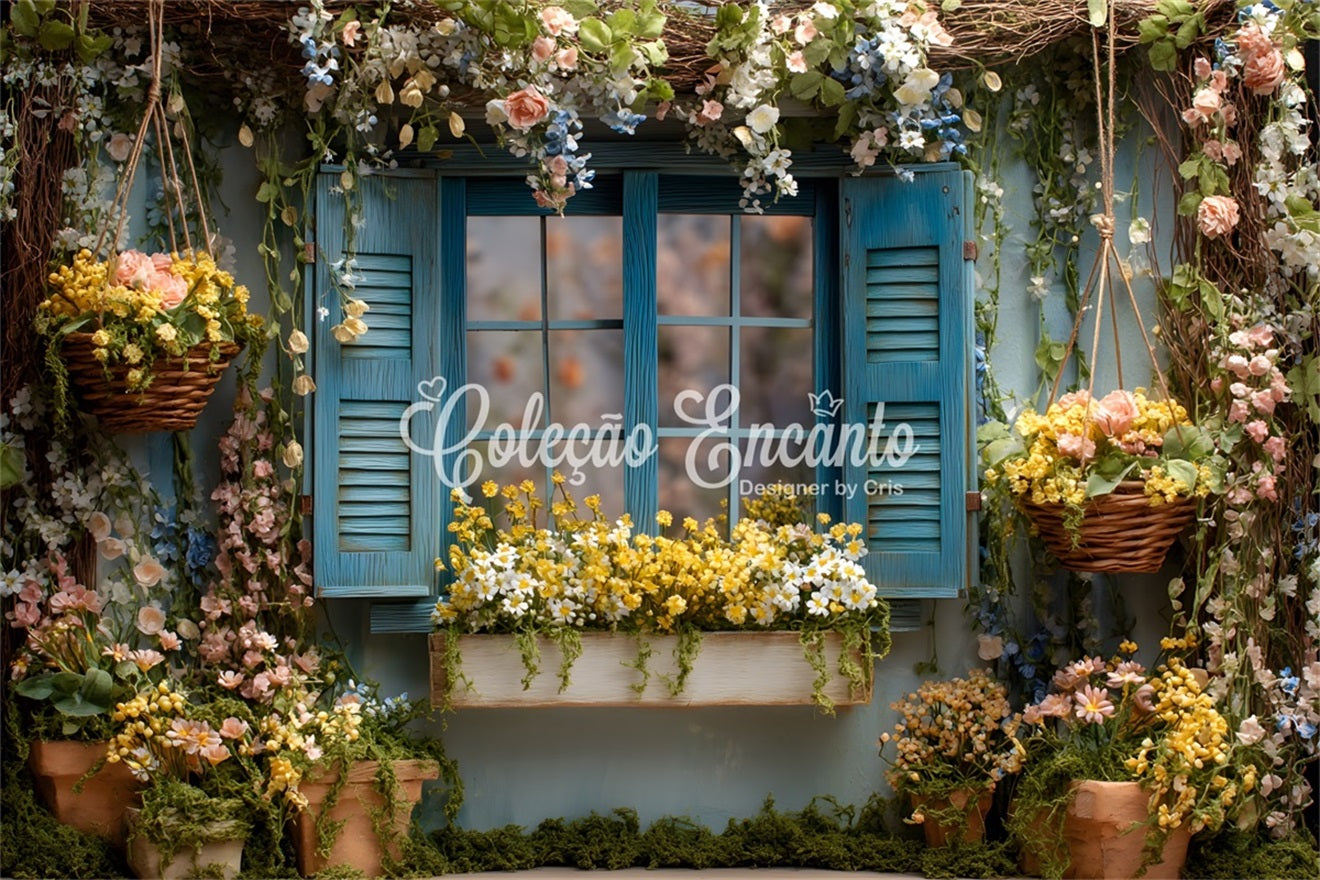 Oster-Cottage-Garten-Hintergrund Blaue Blumenfensterblüten Oster-Themenhintergrund Von Magali