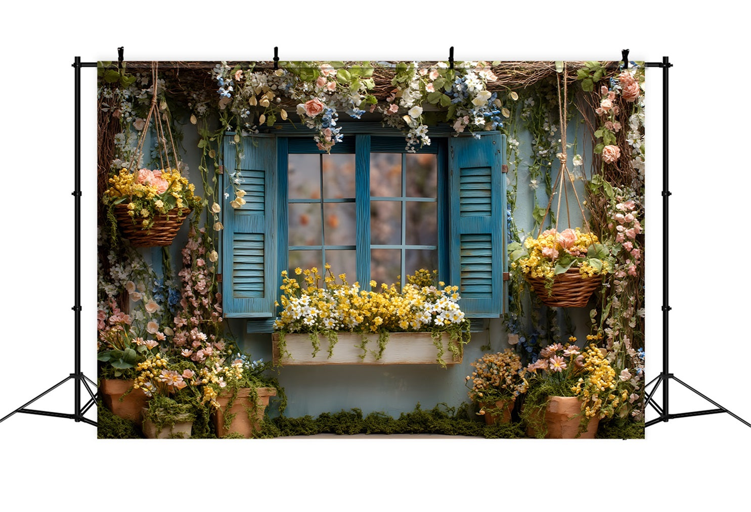 Oster-Cottage-Garten-Hintergrund Blaue Blumenfensterblüten Oster-Themenhintergrund Von Magali