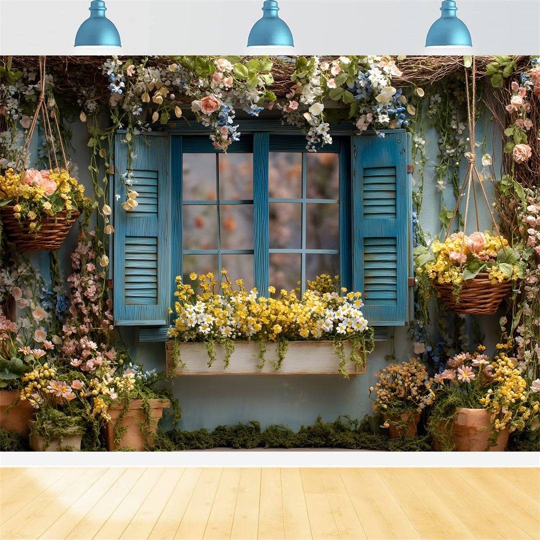 Oster-Cottage-Garten-Hintergrund Blaue Blumenfensterblüten Oster-Themenhintergrund Von Magali