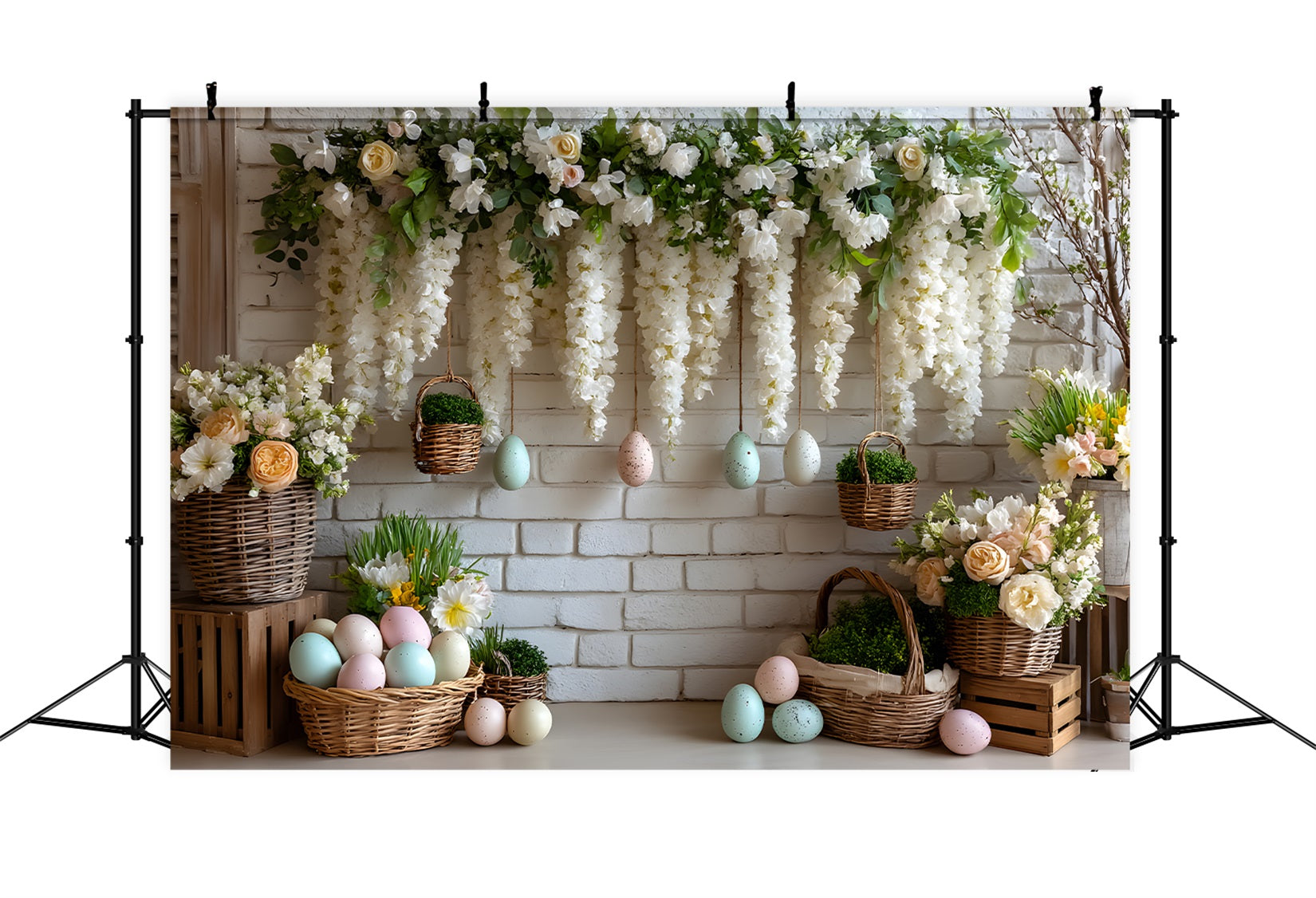 Osterkorb-Hintergrund Weiße Blumen-Ei-Wand Oster-Themenhintergründe Von Magali