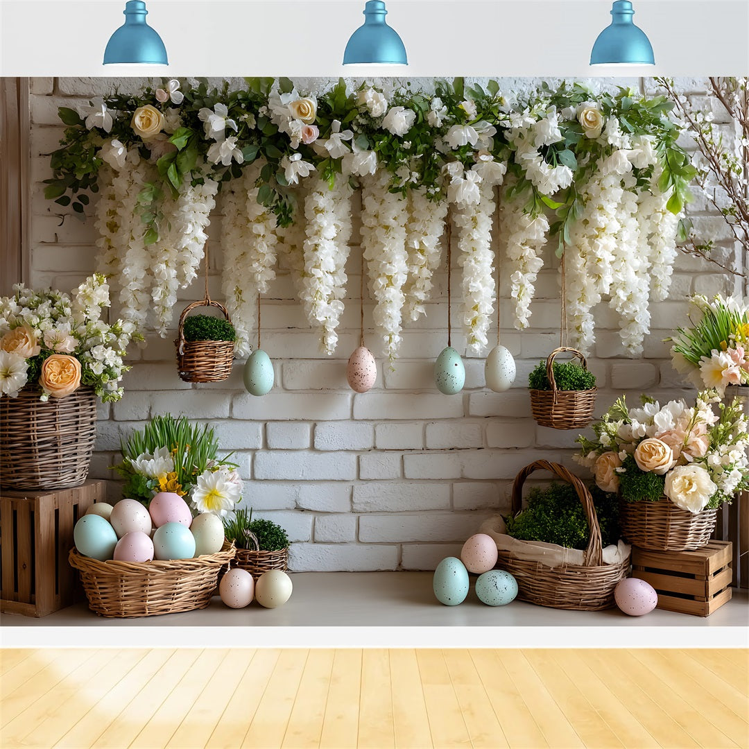 Osterkorb-Hintergrund Weiße Blumen-Ei-Wand Oster-Themenhintergründe Von Magali