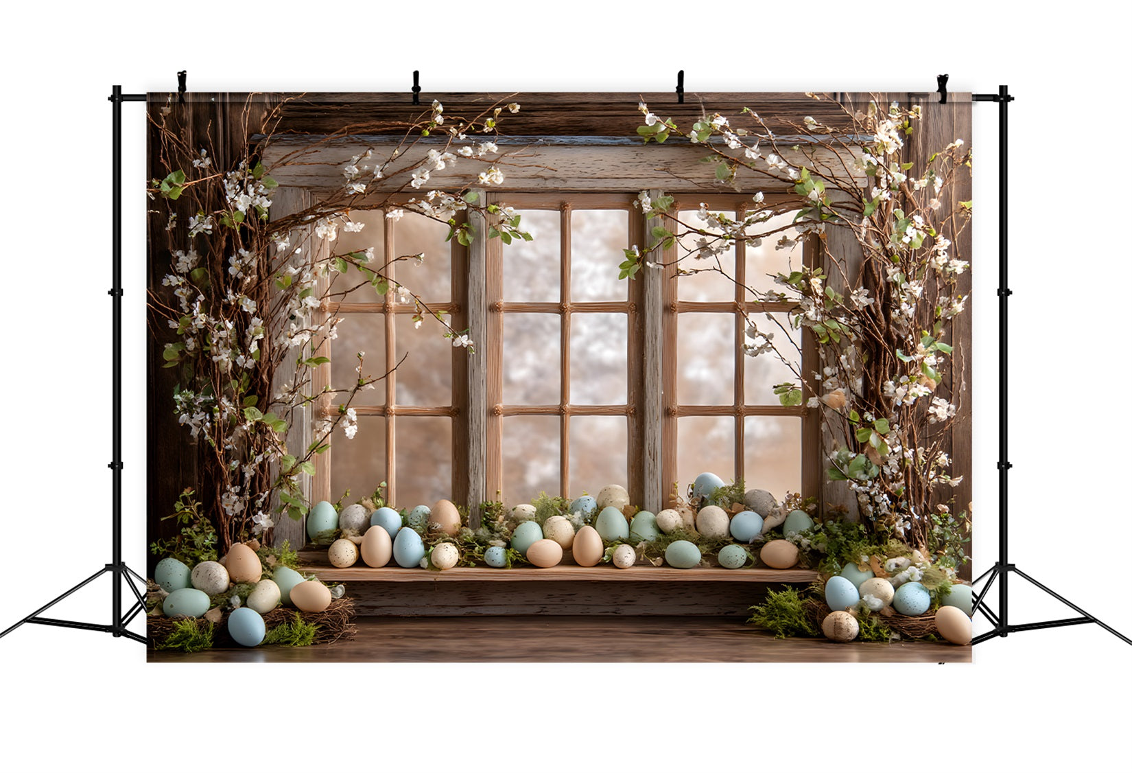 Hintergrund mit Eiern Rustikales Fenster Blumenblüten Hintergrundideen für Osterfotos Von Magali